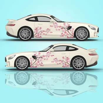 Изработена по поръчка стикер на колата под формата на черешово цвете Пръски боя за кола Голяма графика на автомобила Странични Розови цветя Стикер на колата универсален размер в дълга ивица