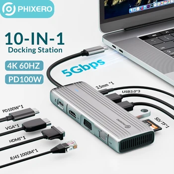 PHIXERO USB ХЪБ, 4K, HDMI Адаптер 10 в 1 C USB към RJ45 USB 3.0 PD 100 Вата Зарядно устройство за MacBook Pro Air USB-Type C C 3,1 USB Сплитер C