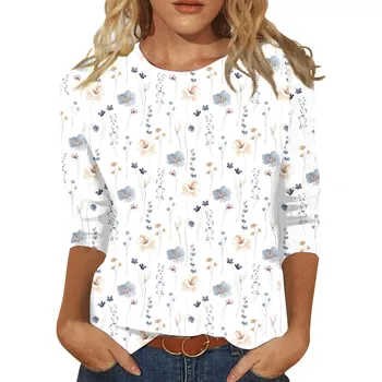 Ежедневна дамска тениска с цветен принтом, ръкав три четвърти, графични тениски, дамски тениски с кръгло деколте, дамски дрехи
