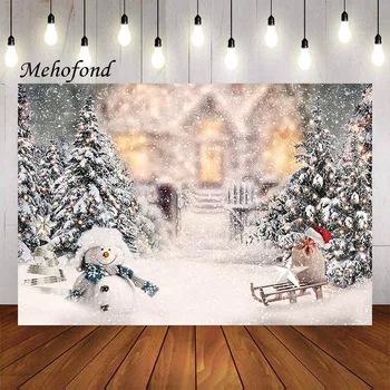 Фон за снимки Mehofond Зима Коледа, Снежен човек Бор Снежинка Семеен Детски фон за портрет Подпори за фото студио