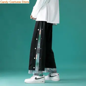 Мъжки Черни панталони в стил Мозайка, мъжки Японска градинска дрехи с Пейсли, Ежедневни Свободни панталони в стил Пънк, прави панталони в стил хип-хоп Харадзюку