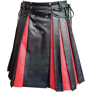 Мъжки гладиаторский килт от естествена черно-червена кожа с плосък преден вложки, шотландски kilts общо предназначение LARP