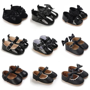 Черна модни обувки на принцесата за новородени Момчета и момичета, обувки за първата стъпка, устойчива на плъзгане детски обувки гумени подметки 0-18 м