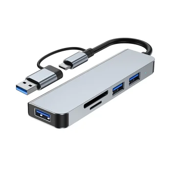 5 Портове 2-В-1 USB 3.0 ХЪБ Type-C Адаптер USB3.0 + USB2.0 + SD + TF Многопортовый USB Сплитер-Удължител за КОМПЮТЪР
