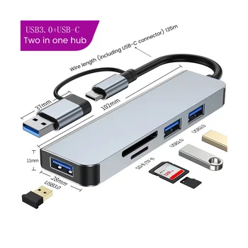 5 Портове 2-В-1 USB 3.0 ХЪБ Type-C Адаптер USB3.0 + USB2.0 + SD + TF Многопортовый USB Сплитер-Удължител за КОМПЮТЪР 3