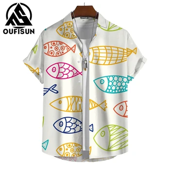 Големият Размер Мъжки Хавайски Ризи с 3D Модел на Риба, Мъжка Риза С Къс Ръкав, Плажен Мъжки Пуловер, Дрехи С Ревери, Тениска Копчета