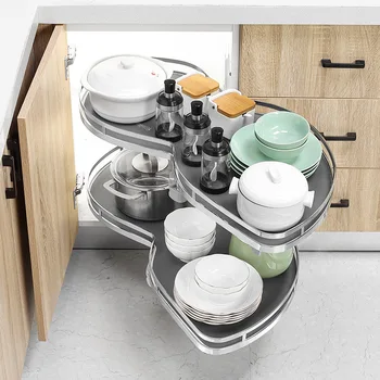 Кухненски шкаф, ъглов кутия за кошници, двуслойни въртящи се прибиращи организаторите за съхранение, подвижни, регулируеми по височина