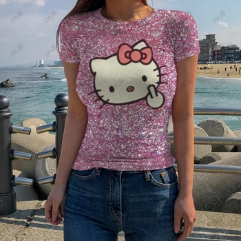 Тениска с кръгло деколте и принтом на Hello Kitty с къс ръкав 2024, Нова Дамски приталенная тениска, обтягивающая тениска, Летни Ретро Върхове, 9 цвята