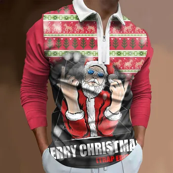 Коледни мъжки Смешни ежедневни ризи на Дядо Коледа с дълъг ръкав за мъже 2023, риза с цип, мъжки блузи, дрехи за семейни партита