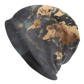 Улични Шапки Карта на света 147 Златни Черни Карта на Света Шапка-Качулка Skullies Beanies Caps