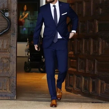 Модерен тъмно-сини костюми за мъже, Официален бизнес Блейзър, Сватбен смокинг на Младоженеца, комплект от 2 теми, Яке, Панталони, Terno Masculino