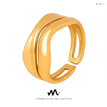 Нов изтънчен дизайн, просто двухслойное пръстен от титанов стомана с позлатените отворен орнаменти, дамски универсална мода
