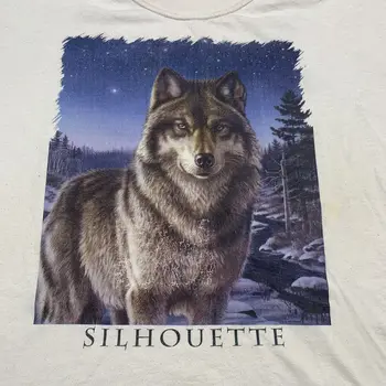 Реколта тениска с принтом на природата под формата на силует на Вълка, Лесовъдство нощна сцена, Бяла мъжка тениска XL с дълъг ръкав