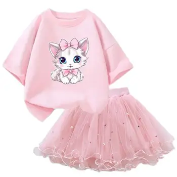 Летни дрехи за малките момичета, тениска с сладък котка и окото пола-пакет, комплект от две части, Модерен Корея детски дрехи, екипи от 3 до 14 години