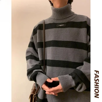 Шарен пуловер с висока воротом за мъже и жени, модерен брендовый сгъсти пуловер, зимата е основен слой, яке-пуловер в японски стил 1