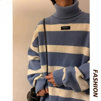 Шарен пуловер с висока воротом за мъже и жени, модерен брендовый сгъсти пуловер, зимата е основен слой, яке-пуловер в японски стил 4