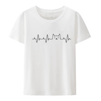Котка Heartbeat Shirt Love Cats Женска Тениска за момичета Cat Lover в памучна Тениска Битник Camisetas Mujer С къс ръкав, Тениски, Готин Подарък 1