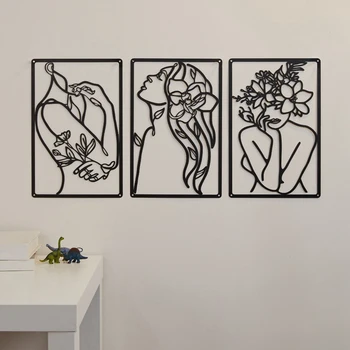 3 Части Метални минималистичного Абстрактно женски стена фигура, Линия на Фигура стенен декор, а едноредово Женски Домашен Висящ Стенен декор, Трайни