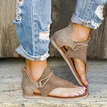 Дамски летни обикновена сандали на равна подметка с остри пръсти, удобни сандали с цип, чехли, дамски ежедневни градинска и плажна обувки за ходене