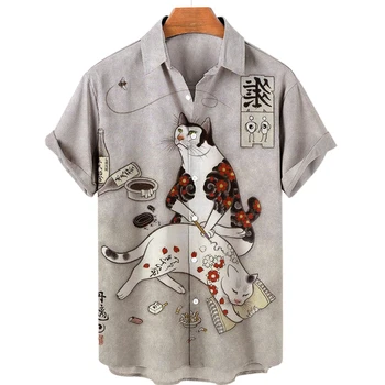 Летни мъжки ризи с 3D печат Сладка Котка в японски стил в стил верен привърженик на бушидо, риза Унисекс с ревери и къси ръкави, горна градинска облекло 2023 година