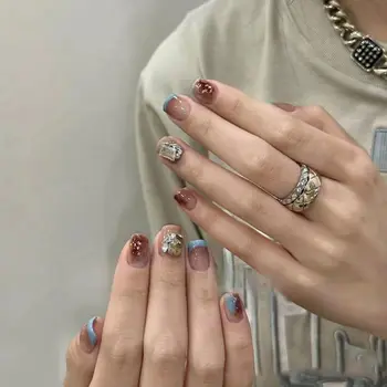 24шт Къси Кръгли режийни ноктите, подвижни френски типсы Aurora, изкуствени нокти с пълно покритие за салон за красота
