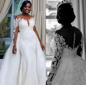 По-големи размери, сватбени рокли в африканския стил Русалка с дълъг ръкав, Подвижна панделка, Дантелени апликации в областта на шията, Горната пола, сватбени рокли
