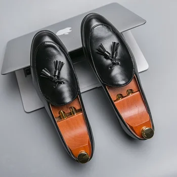 Нови мъжки Кафяви Лоферы Без обков С кръгло бомбе, Обикновена Черни мъжки модела обувки в бизнес стил с пискюли, Размер 38-46 